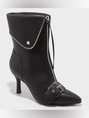 Mickey Pointed Toe Black Leather Ankle Boot with Front Zipper and Buckle
